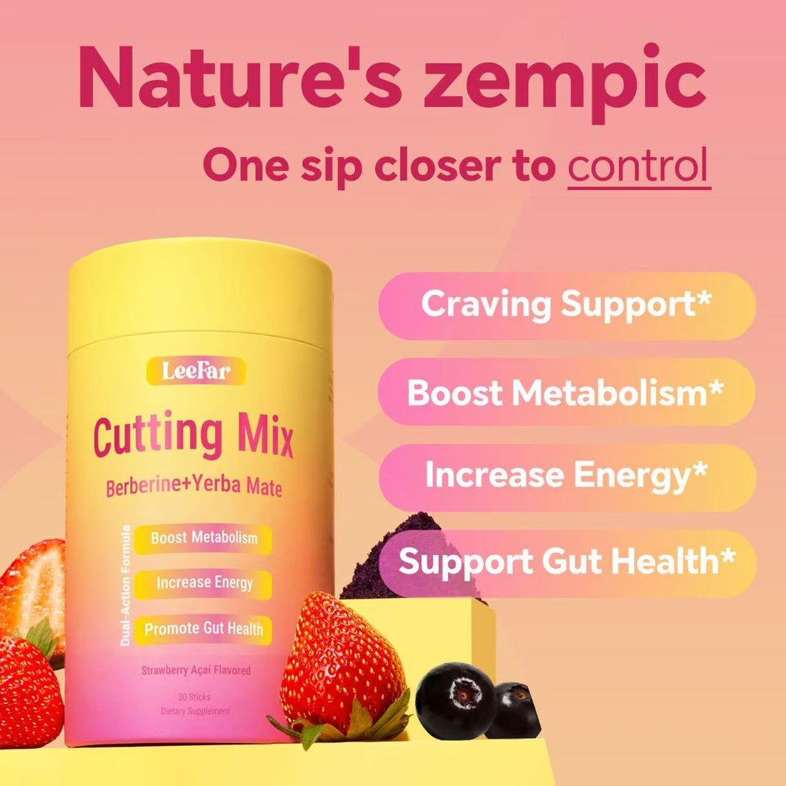 LeeFar Cutting Mix Drink Mix – Dual-Action Craving &amp; Metabolism Support | Berberine, Chromium, 5-HTP, Yerba Mate &amp; Magnesium | Supports GLP-1 Pathway, Blood Sugar &amp; Gut Health | Strawberry Açaí Flavor – 30 Servings