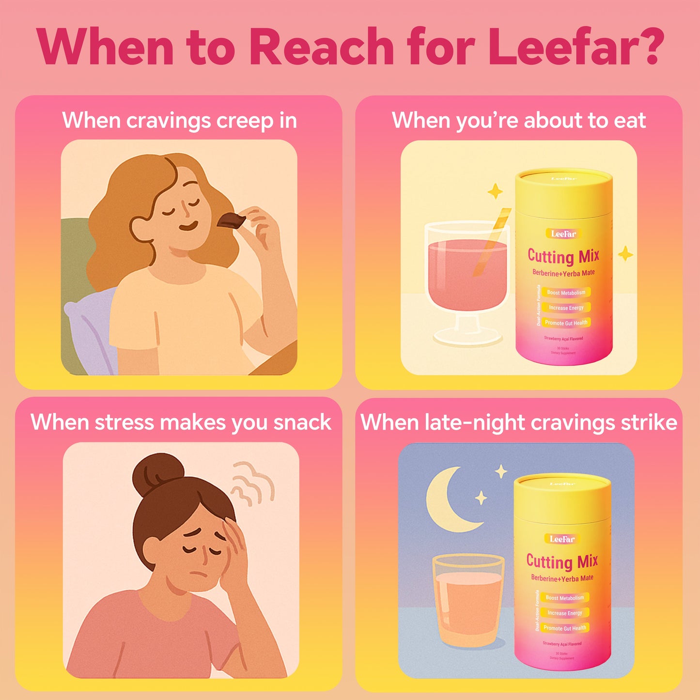 LeeFar Cutting Mix Drink Mix – Dual-Action Craving &amp; Metabolism Support | Berberine, Chromium, 5-HTP, Yerba Mate &amp; Magnesium | Supports GLP-1 Pathway, Blood Sugar &amp; Gut Health | Strawberry Açaí Flavor – 30 Servings